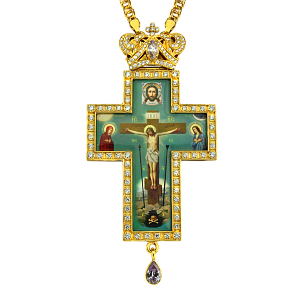 Крест наперсный серебряный с цепью, позолота, белые фианиты, высота 13 см (вес 134,82 г)