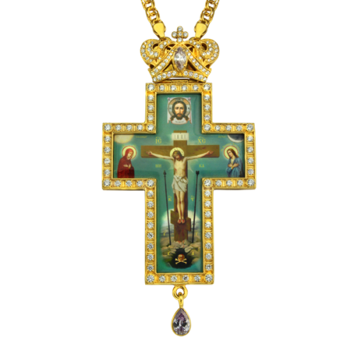 Крест наперсный серебряный с цепью, позолота, белые фианиты, высота 13 см