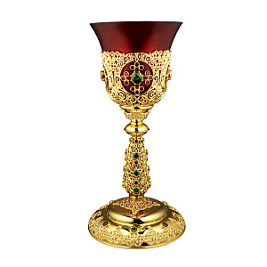 Лампада напрестольная латунная в позолоте с фианитами (красный стаканчик)