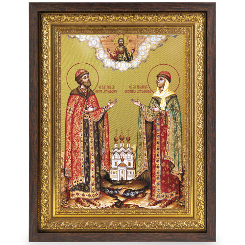 Икона благоверных князей Петра и Февронии Муромских, в широком багете, цвет "темный дуб", на холсте, с золочением фото 2