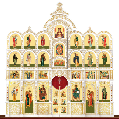 Иконостас деревянный резной "Владимирский" четырехъярусный белый с золотом (патина), 690х730х45 см фото 2 Иконостас деревянный резной "Владимирский" четырехъярусный белый с золотом (патина), 690х730х45 см фото 2