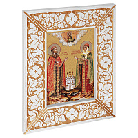 Икона благоверных князей Петра и Февронии Муромских, в широкой резной раме, белая с золотом (патина), холст с золочением, ширина рамы 12 см