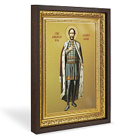Икона благоверного князя Александра Невского, в широком багете, цвет "темный дуб", на холсте, с золочением
