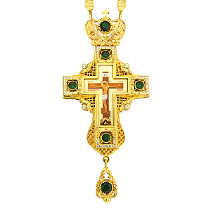 Крест наперсный латунный с цепью, позолота, зеленые фианиты, высота 18 см (вес 216,09 г)