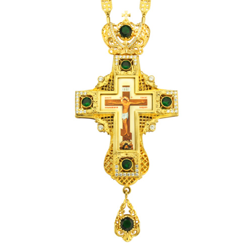 Крест наперсный из ювелирного сплава с цепью, позолота, зеленые фианиты, высота 18 см