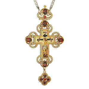 Крест наперсный латунный с позолотой, с украшениями и цепью, 8х16 см (с голубыми фианитами)