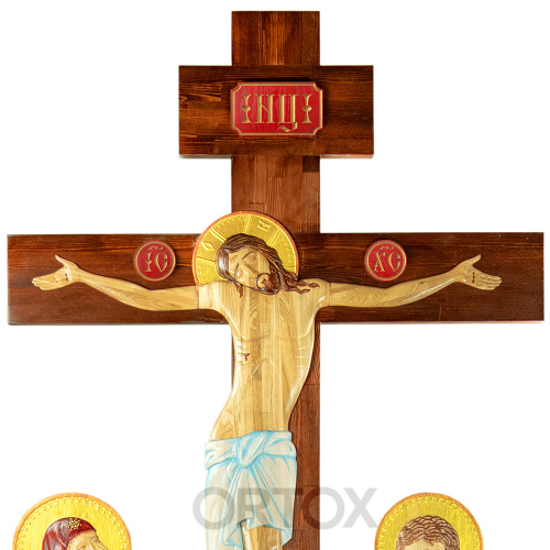 Крест-голгофа напольная с предстоящими, цветная роспись, резьба фото 2