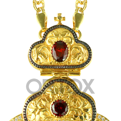 Панагия с иконой Богородицы Знамение 9х16 см, с цепью, красные камни фото 4