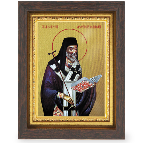 Икона святителя Симеона Солунского, в узком багете, цвет "темный дуб", на холсте, с золочением фото 2
