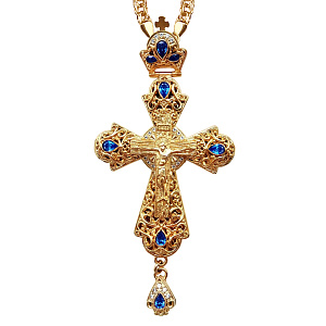 Крест наперсный из ювелирного сплава в позолоте с цепью, фианиты, 7х14 см (синие фианиты)