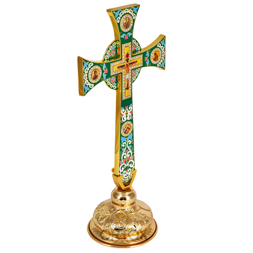 Крест требный четырехконечный, зеленая эмаль, камни, 17х29 см фото 6