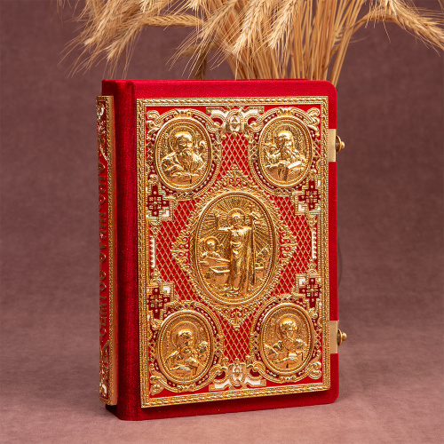 Евангелие требное среднее красное, оклад "под золото", бархат, эмаль, 17х22 см фото 2