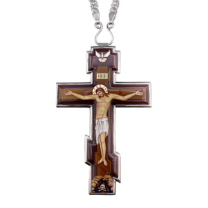 Крест наперсный из ювелирного сплава в серебрении, с цепью, 7х12 см (темный фон)