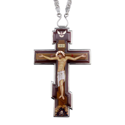 Крест наперсный из ювелирного сплава в серебрении, с цепью, 7х12 см фото 2 Крест наперсный из ювелирного сплава в серебрении, с цепью, 7х12 см фото 2