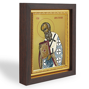 Икона святителя Марка Эфесского, в узком багете, цвет "темный дуб", на холсте, с золочением (14,3х17,4 см (под икону А7))