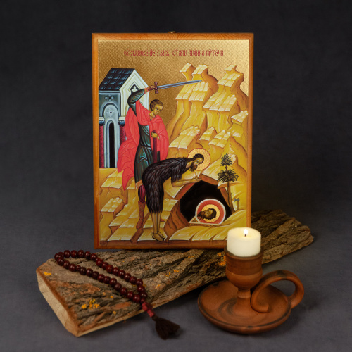 Икона Усекновения главы Пророка, Предтечи и Крестителя Господня Иоанна на деревянной основе, холст с золочением фото 3