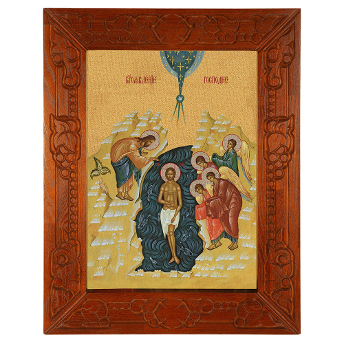 Икона Крещения Господня (Богоявления), в узкой резной раме, цвет "кипарис", холст с золочением, ширина рамы 7 см фото 2