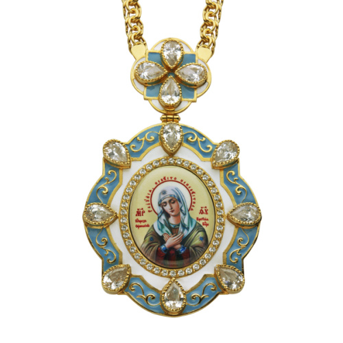 Панагия кабинетная из ювелирного сплава в позолоте с цепью, с эмалью и фианитами, высота 7 см фото 4