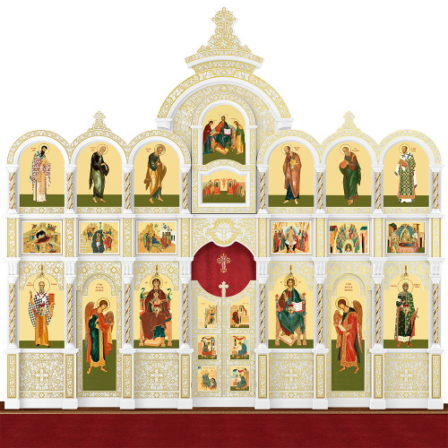 Иконостас деревянный резной "Владимирский" трехъярусный белый с золотом (патина), 690х620х40 см фото 2 Иконостас деревянный резной "Владимирский" трехъярусный белый с золотом (патина), 690х620х40 см фото 2