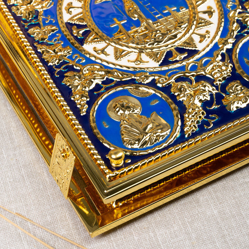 Оклад для Евангелия напрестольного, цинковый сплав, цвет "под золото", синяя эмаль, 25х5х35 см фото 7