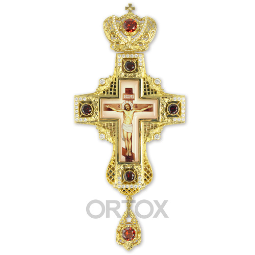 Крест наперсный латунный с позолотой и фианитами, 8,5х18 см фото 3