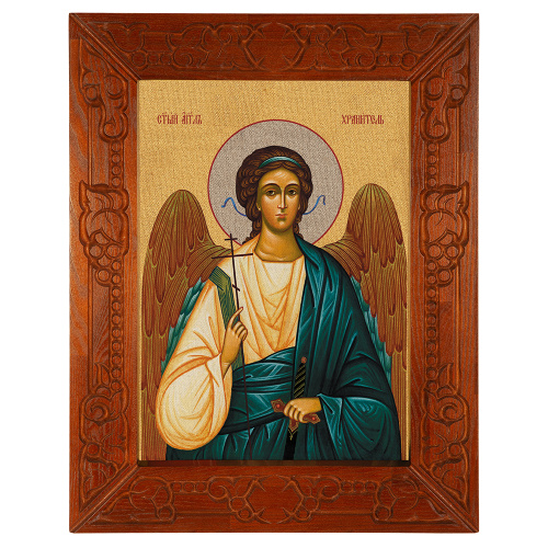 Икона Ангела Хранителя, в узкой резной раме, цвет "кипарис", холст с золочением, ширина рамы 7 см фото 2