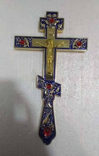 Крест напрестольный, синяя эмаль, красные камни, 14,5х26 см, У-0986 фото 2