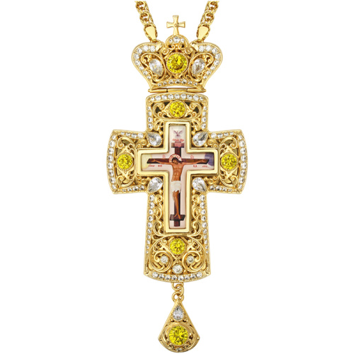 Крест наперсный из ювелирного сплава в позолоте с цепью, фианиты, 7,5х17 см фото 3