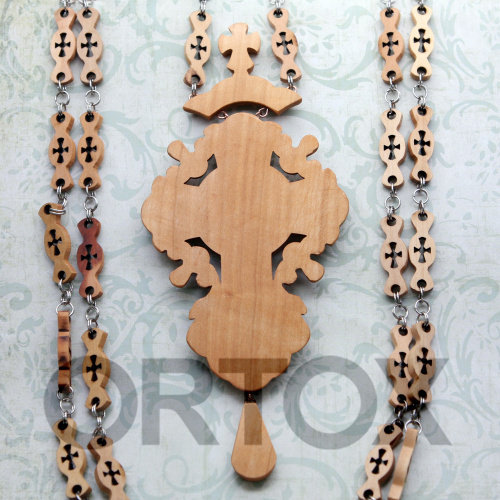 Крест наперсный деревянный резной с цепью, 7х17 см, светлый фото 3