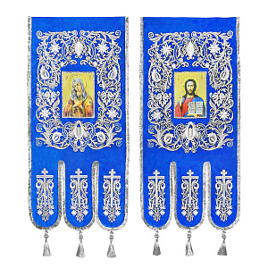 Хоругви вышитые голубые с отделкой "под серебро", 66х138 см, комплект (атласный шелк, бахрома щетка)