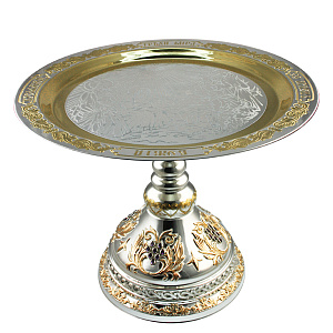 Дискос серебряный с накладками "Богородичный", Ø 28,5 см (позолота и камни)