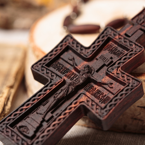 Крест наперсный "Наградной" деревянный резной, с цепью, 7х13,5 см фото 7