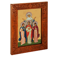 Икона мучениц Веры, Надежды, Любови и матери их Софии, в узкой резной раме, цвет "кипарис", холст с золочением, ширина рамы 7 см