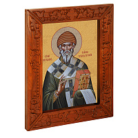 Икона святителя Спиридона Тримифунтского, в узкой резной раме, цвет "кипарис", холст с золочением, ширина рамы 7 см