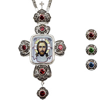 Крест наперсный из ювелирного сплава в серебрении, с цепью, фианиты, 8х15 см