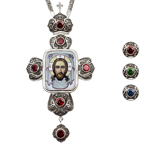 Крест наперсный из ювелирного сплава в серебрении, с цепью, фианиты, 8х15 см