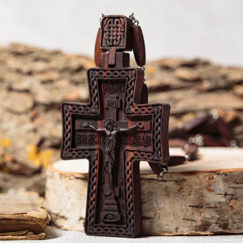 Крест наперсный "Наградной" деревянный резной, с цепью, 7х13,5 см фото 4
