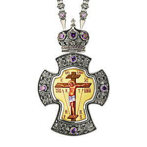 Крест наперсный серебряный, фиолетовые фианиты, высота 11 см (чернение)