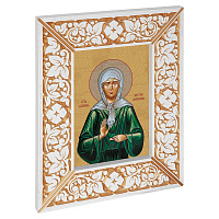 Икона блаженной Матроны Московской, в широкой резной раме, белая с золотом (патина), холст с золочением, ширина рамы 12 см