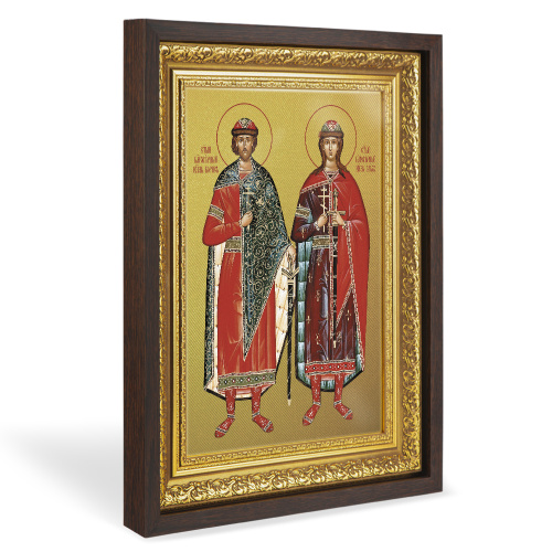 Икона благоверных князей-страстотерпцев Бориса и Глеба, в широком багете, цвет "темный дуб", на холсте, с золочением