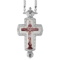 Крест наперсный из ювелирного сплава в серебрении с цепью, деколь, белые фианиты, 8х15,5 см