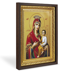 Икона Божией Матери "Скоропослушница", в широком багете, цвет "темный дуб", на холсте, с золочением №2 (33,5х42,2 см (под икону А4))