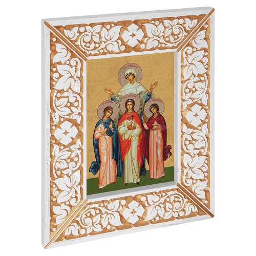 Икона мучениц Веры, Надежды, Любови и матери их Софии, в широкой резной раме, белая с золотом (патина), холст с золочением, ширина рамы 12 см Икона мучениц Веры, Надежды, Любови и матери их Софии, в широкой резной раме, белая с золотом (патина), холст с золочением, ширина рамы 12 см