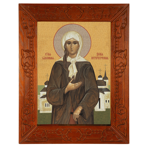 Икона блаженной Ксении Петербургской, в узкой резной раме, цвет "кипарис", холст с золочением, ширина рамы 7 см фото 2