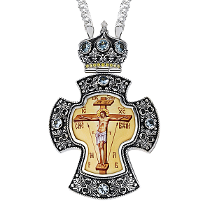 Крест наперсный серебряный с цепью, голубые фианиты, высота 10,5 см (чернение)