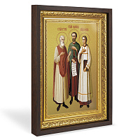 Икона мучеников и исповедников Гурия, Самона и Авива Едесских, в широком багете, цвет "темный дуб", на холсте, с золочением