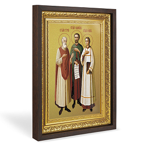 Икона мучеников и исповедников Гурия, Самона и Авива Едесских, в широком багете, цвет "темный дуб", на холсте, с золочением (33,5х42,2 см (под икону А4))