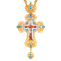 Крест наперсный латунный в позолоте с цепью, фианиты, 7,5х15 см