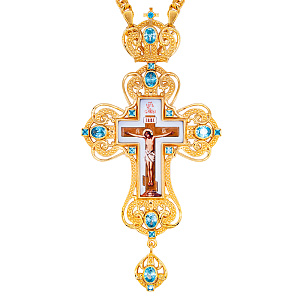 Крест наперсный латунный в позолоте с цепью, фианиты, 7,5х15 см (голубые фианиты)