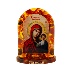Икона настольная Божией Матери "Казанская", смола с янтарем, 4,5х6 см (на подставке)